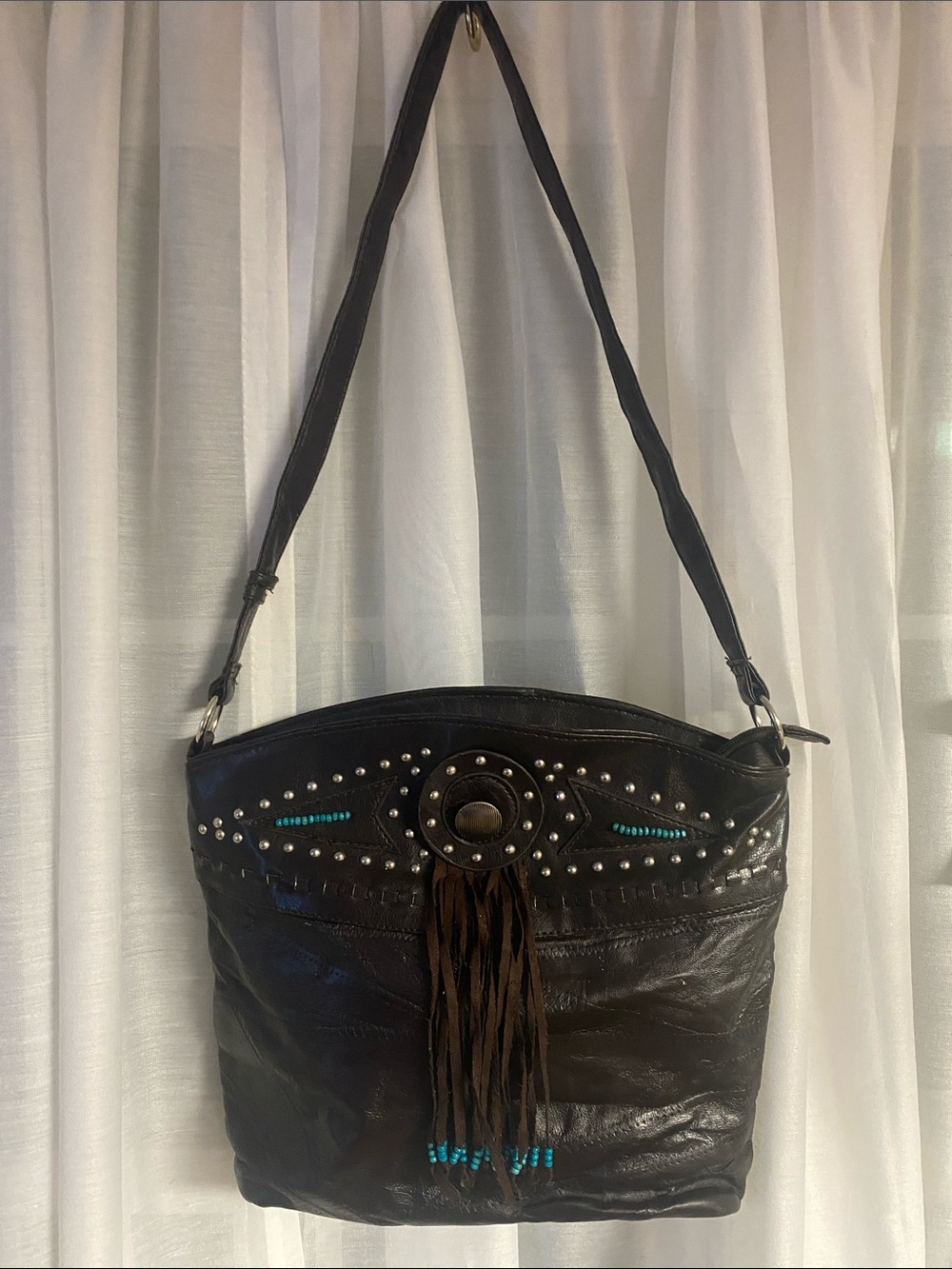 Studded Brown Leather Western Fringe Handbag purseTurquoise Beads Cowgirl Rodeo
